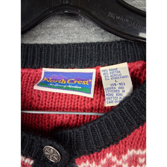 North Crest Womens Sweater Large Red Black Fair Isle Nordic Cardigan Holiday VTG - Picture 3 of 11
